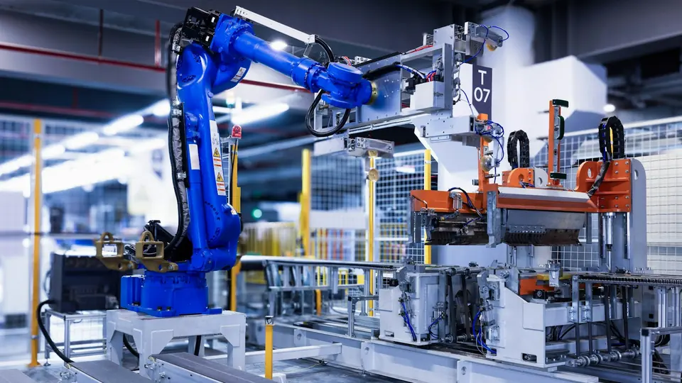 A blue industrial robot arm on a modern factory production line